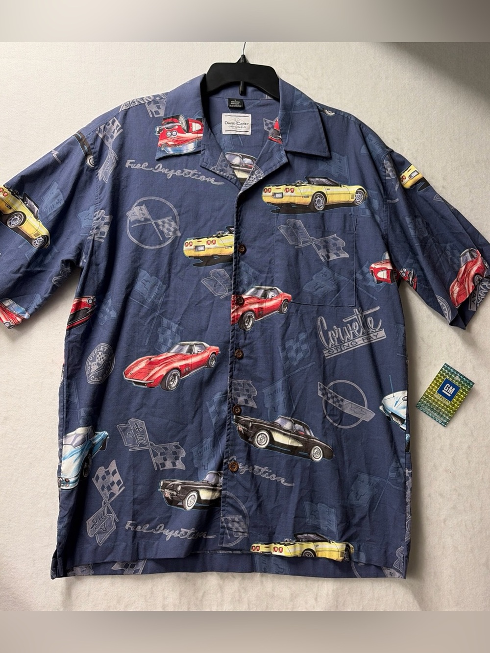 David Carey originals Corvette Stingray Blue Camp Button Shirt Mens Size Large